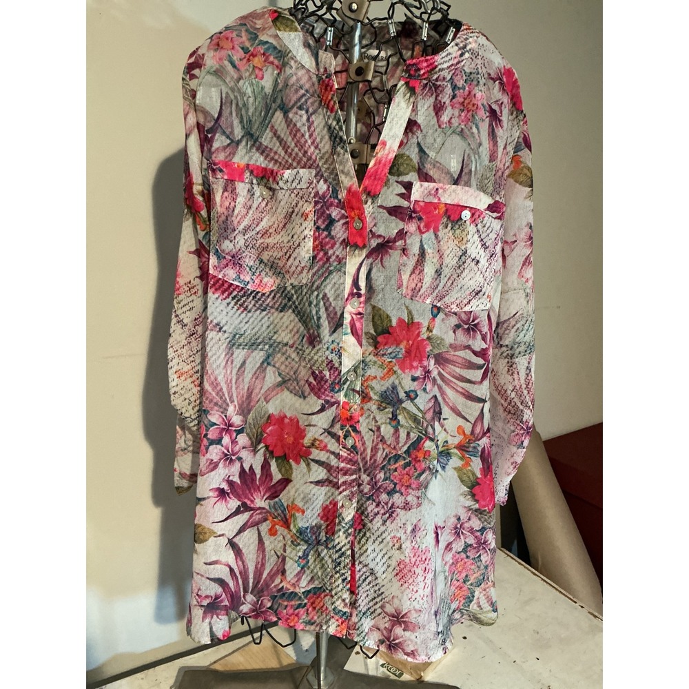 Kim Rogers Womens‎ Large Floral Tropical Roll Tab Sleeve Button Front Tunic Top